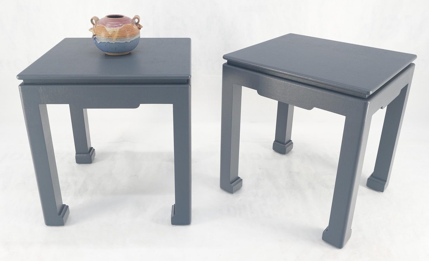 EstablishedLines Pair 28"H Lacquered Linen Cloth Light Grey Square End Side Occasional Tables