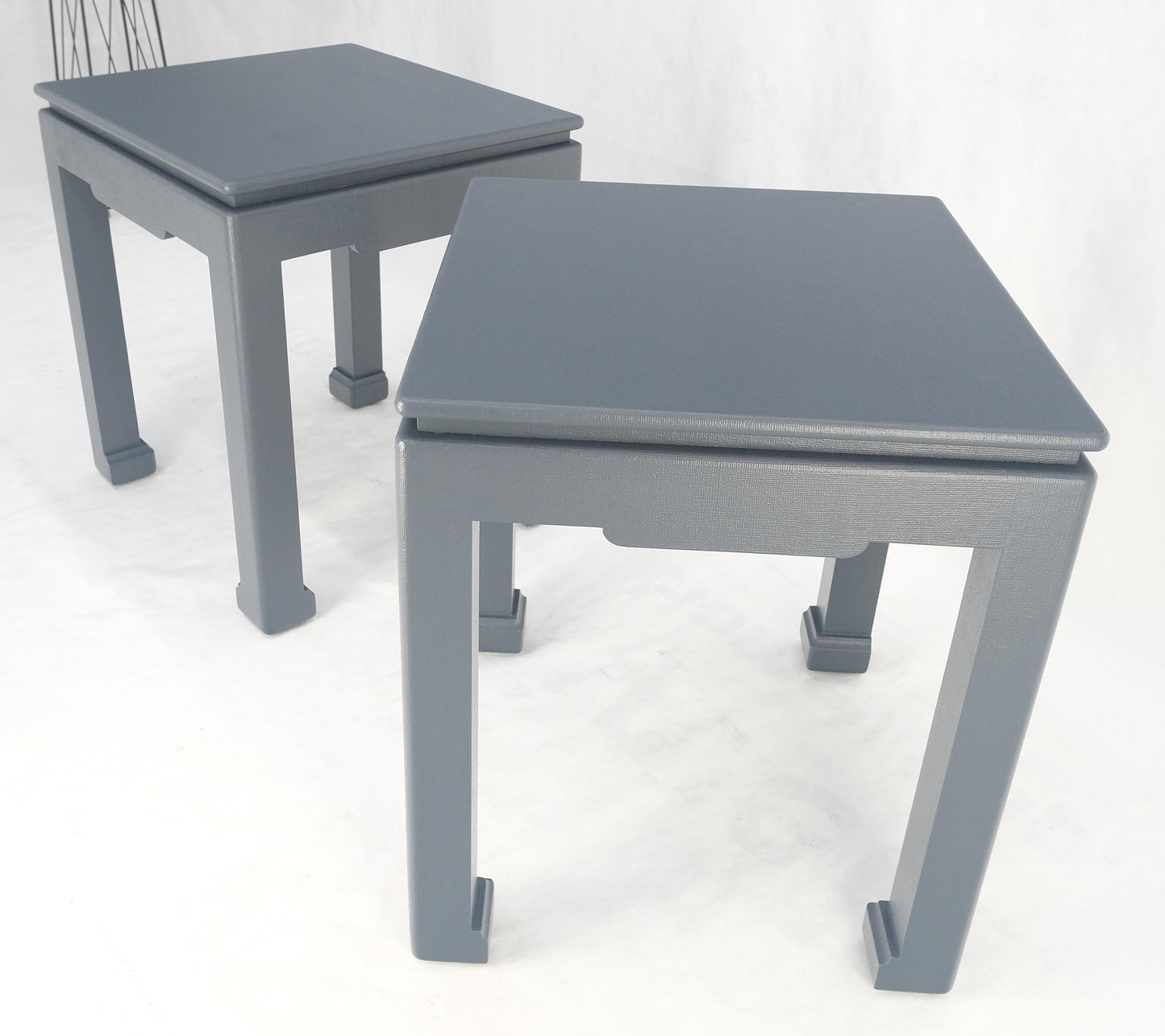 EstablishedLines Pair 28"H Lacquered Linen Cloth Light Grey Square End Side Occasional Tables