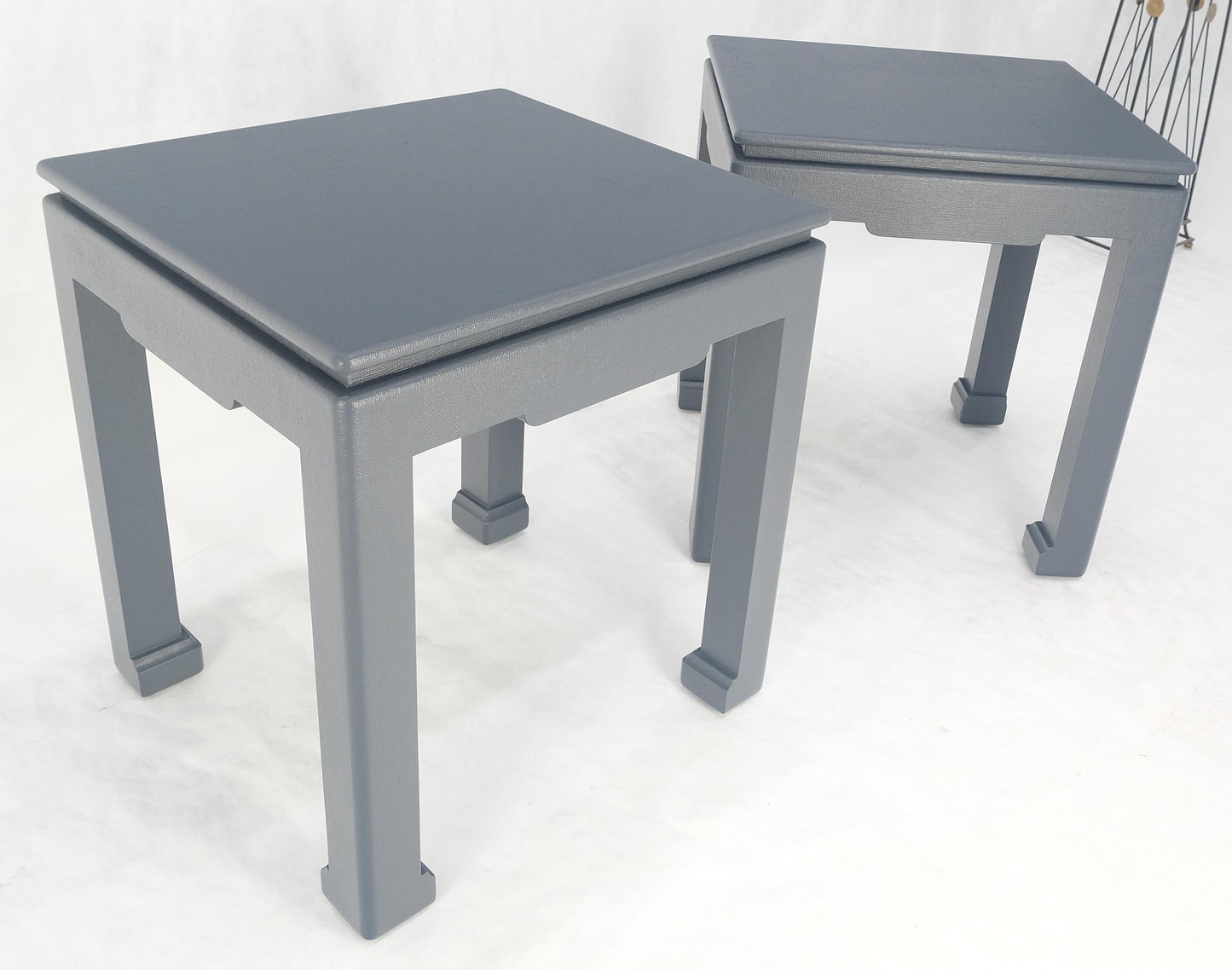 EstablishedLines Pair 28"H Lacquered Linen Cloth Light Grey Square End Side Occasional Tables