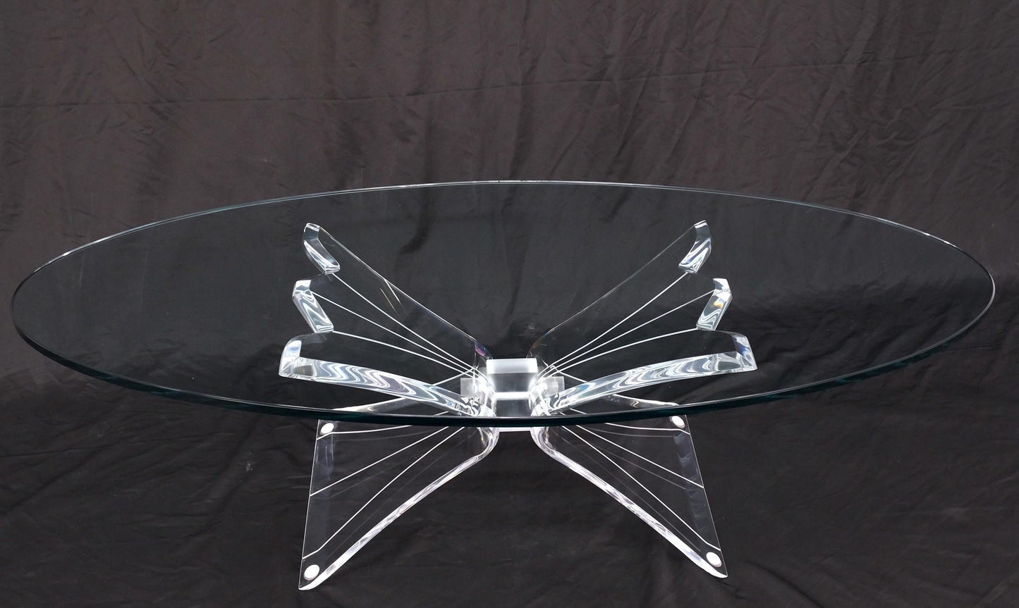 EstablishedLines Lucite Bow Tie Butterfly Wing Shape Base Oval Glass Top Mid Century Coffee Table