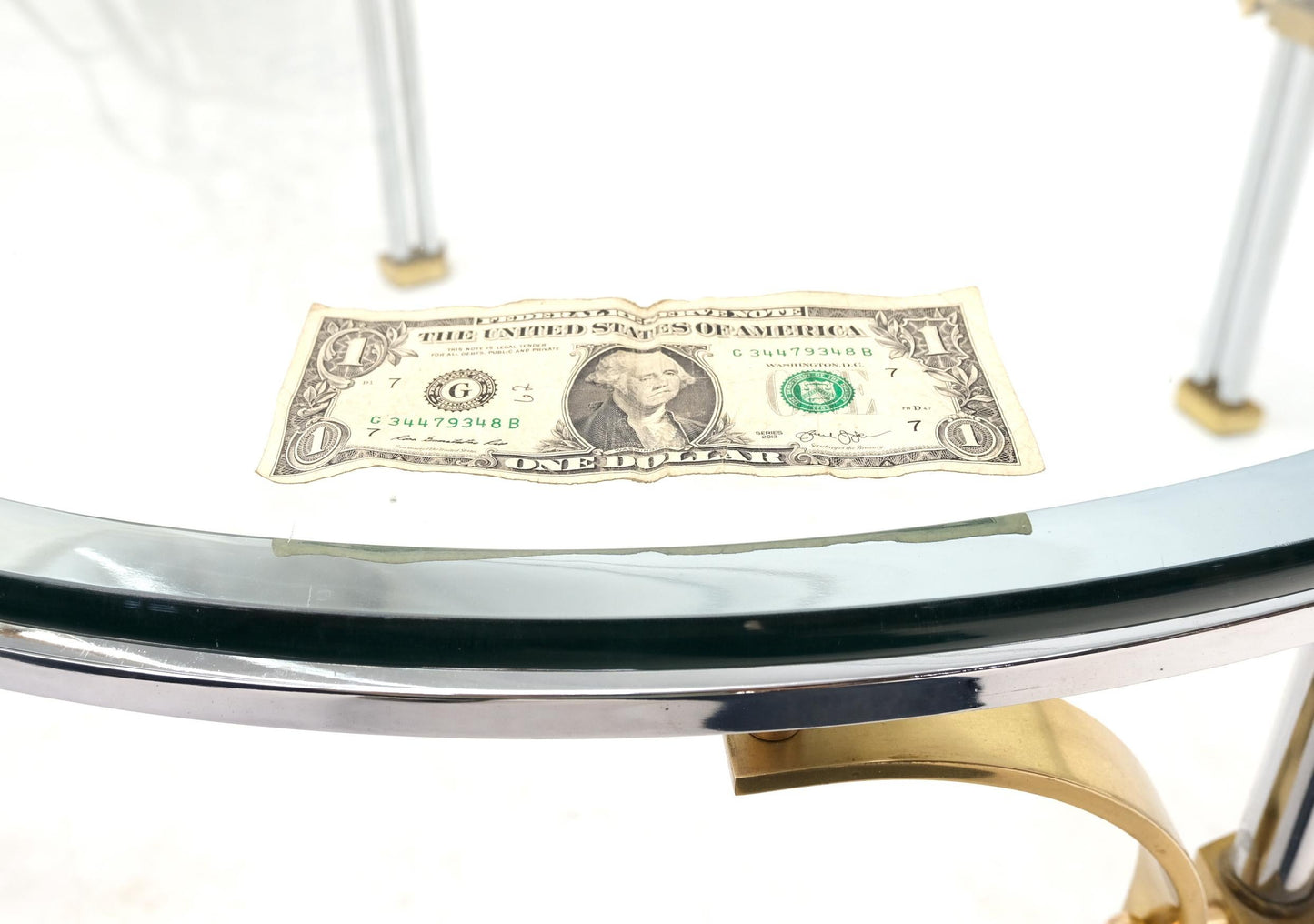 EstablishedLines Round Glass Top Chrome Legs Solid Brass Stretchers & Feet Coffee Center Table