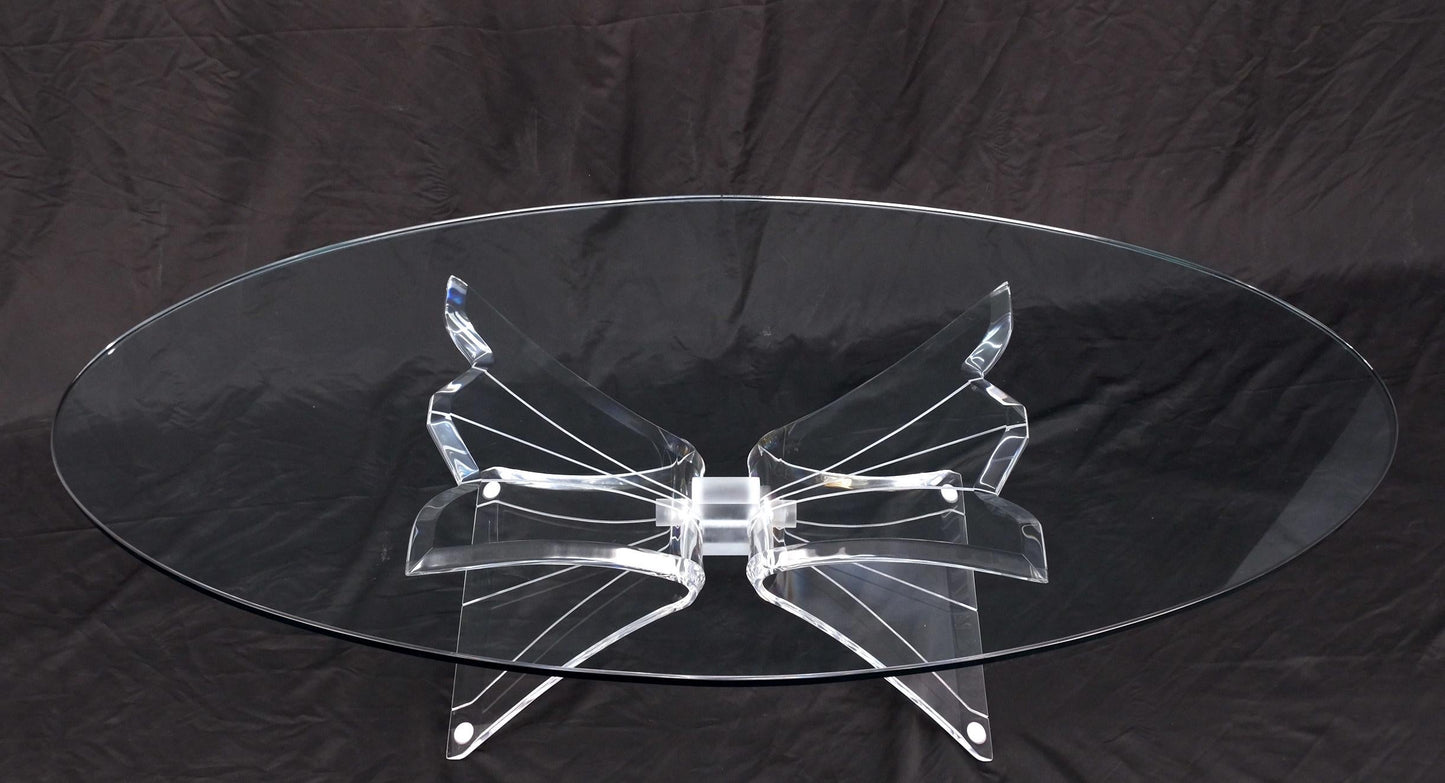 EstablishedLines Lucite Bow Tie Butterfly Wing Shape Base Oval Glass Top Mid Century Coffee Table