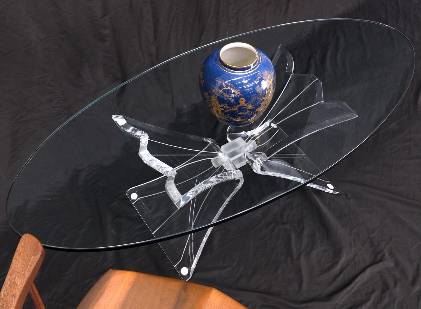 EstablishedLines Lucite Bow Tie Butterfly Wing Shape Base Oval Glass Top Mid Century Coffee Table