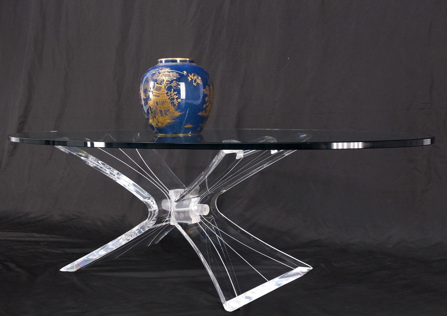 EstablishedLines Lucite Bow Tie Butterfly Wing Shape Base Oval Glass Top Mid Century Coffee Table