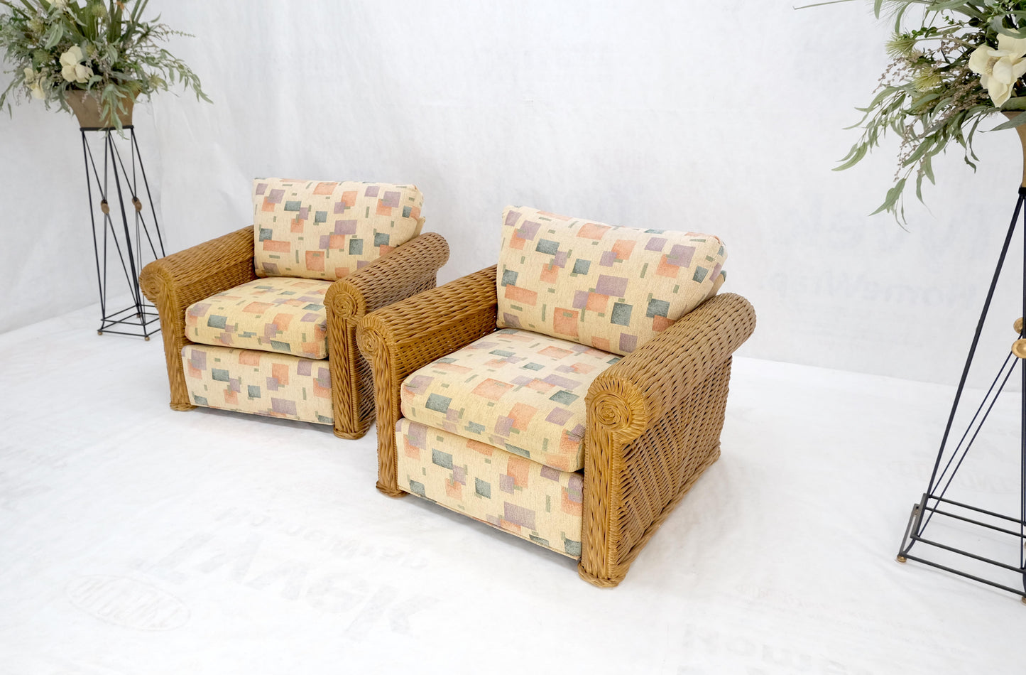 EstablishedLines Pair Decorative c1970s Oversize Rttan Bamboo Wicker Club Lounge Chairs Mint!