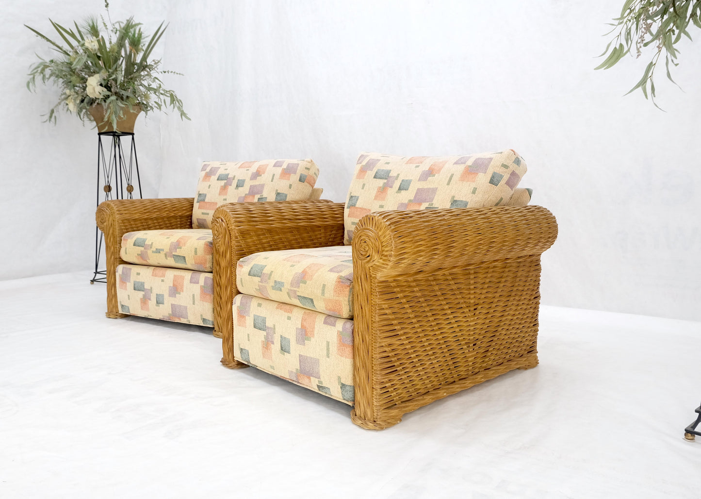 EstablishedLines Pair Decorative c1970s Oversize Rttan Bamboo Wicker Club Lounge Chairs Mint!