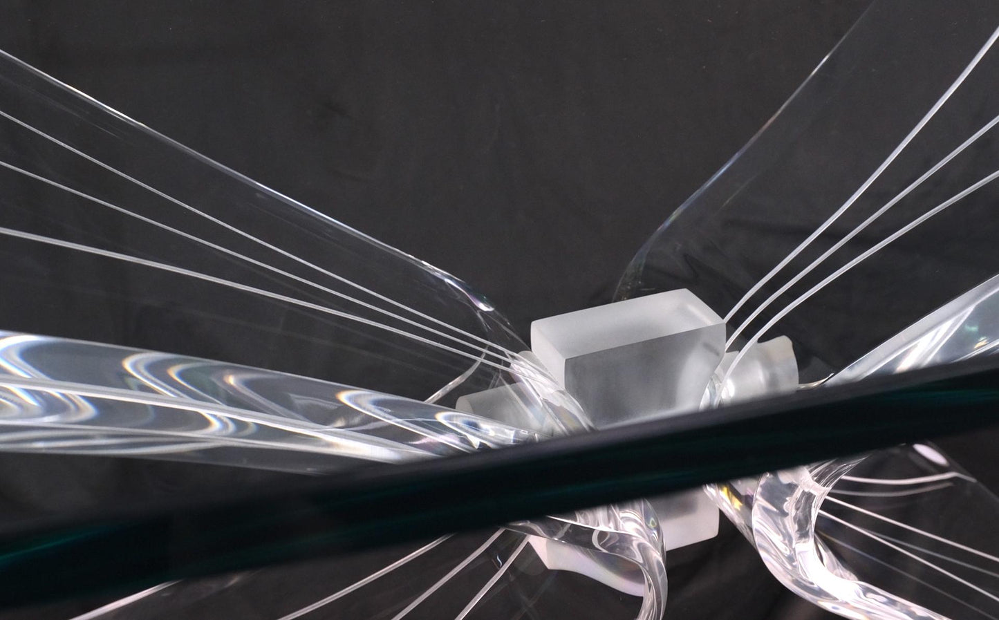 EstablishedLines Lucite Bow Tie Butterfly Wing Shape Base Oval Glass Top Mid Century Coffee Table