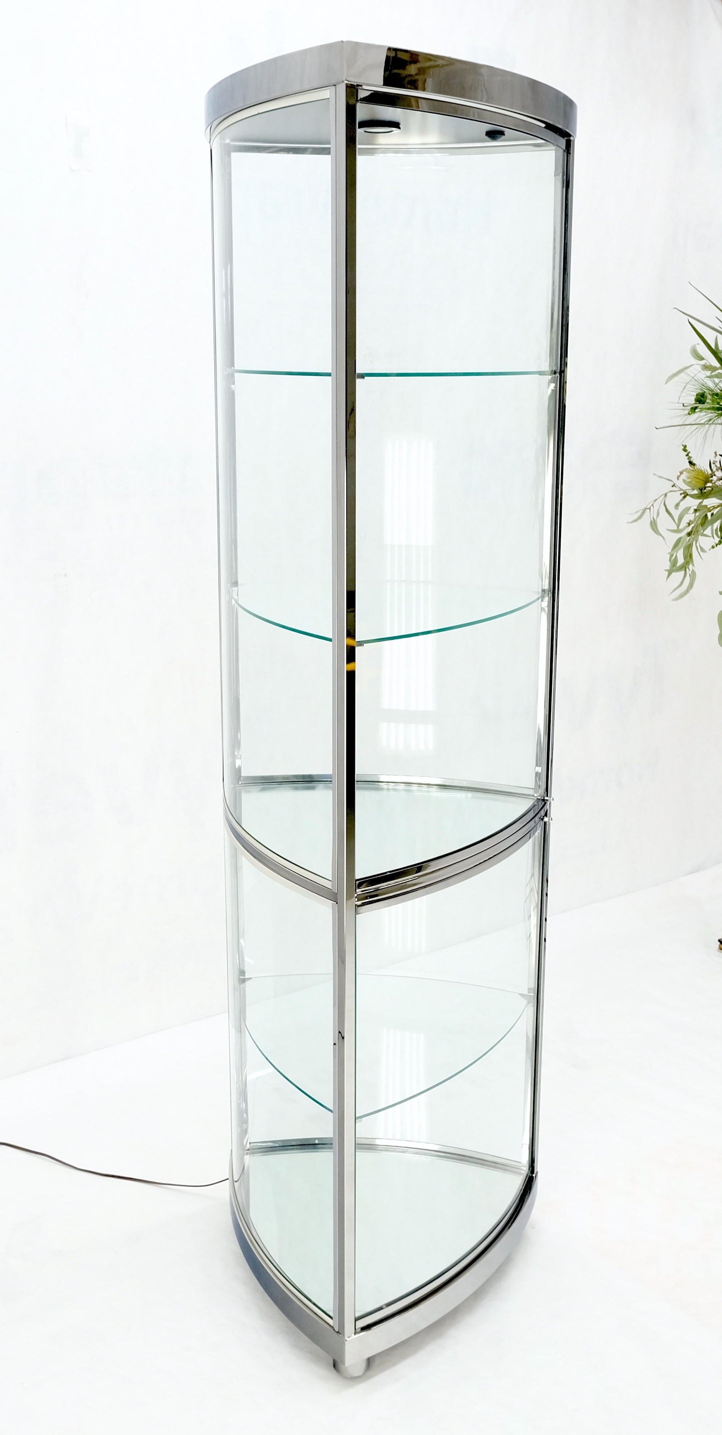 EstablishedLines Rounded Triangle Shape Bowed Glass & Chrome Shelves Display Case Vitrine MINT!