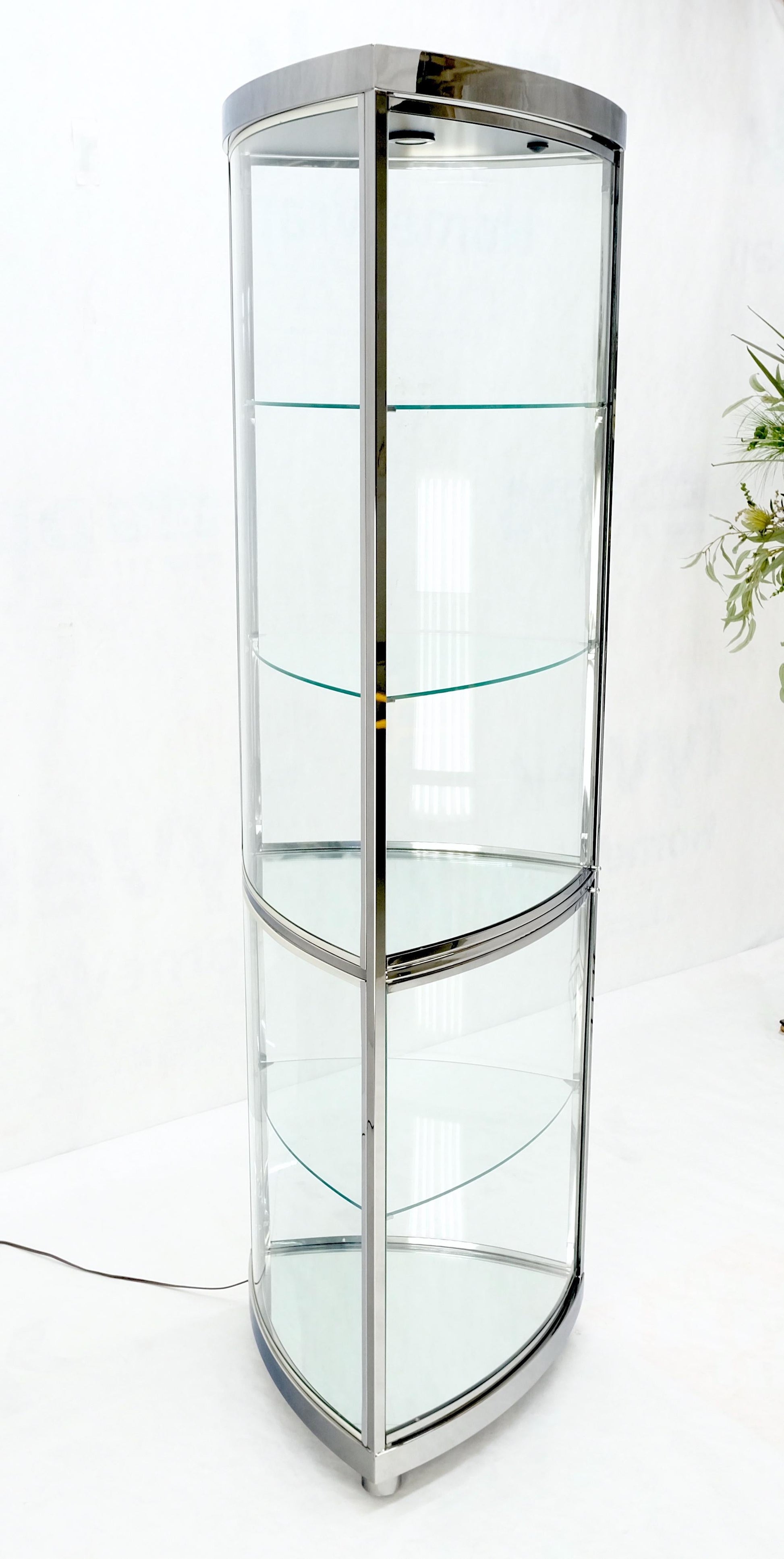EstablishedLines Rounded Triangle Shape Bowed Glass & Chrome Shelves Display Case Vitrine MINT!