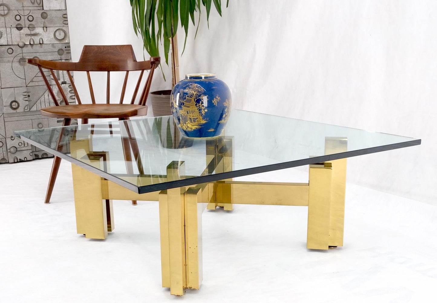 EstablishedLines Heavy Polished Brass x Base Thick Glass Square Coffee Table Nice!