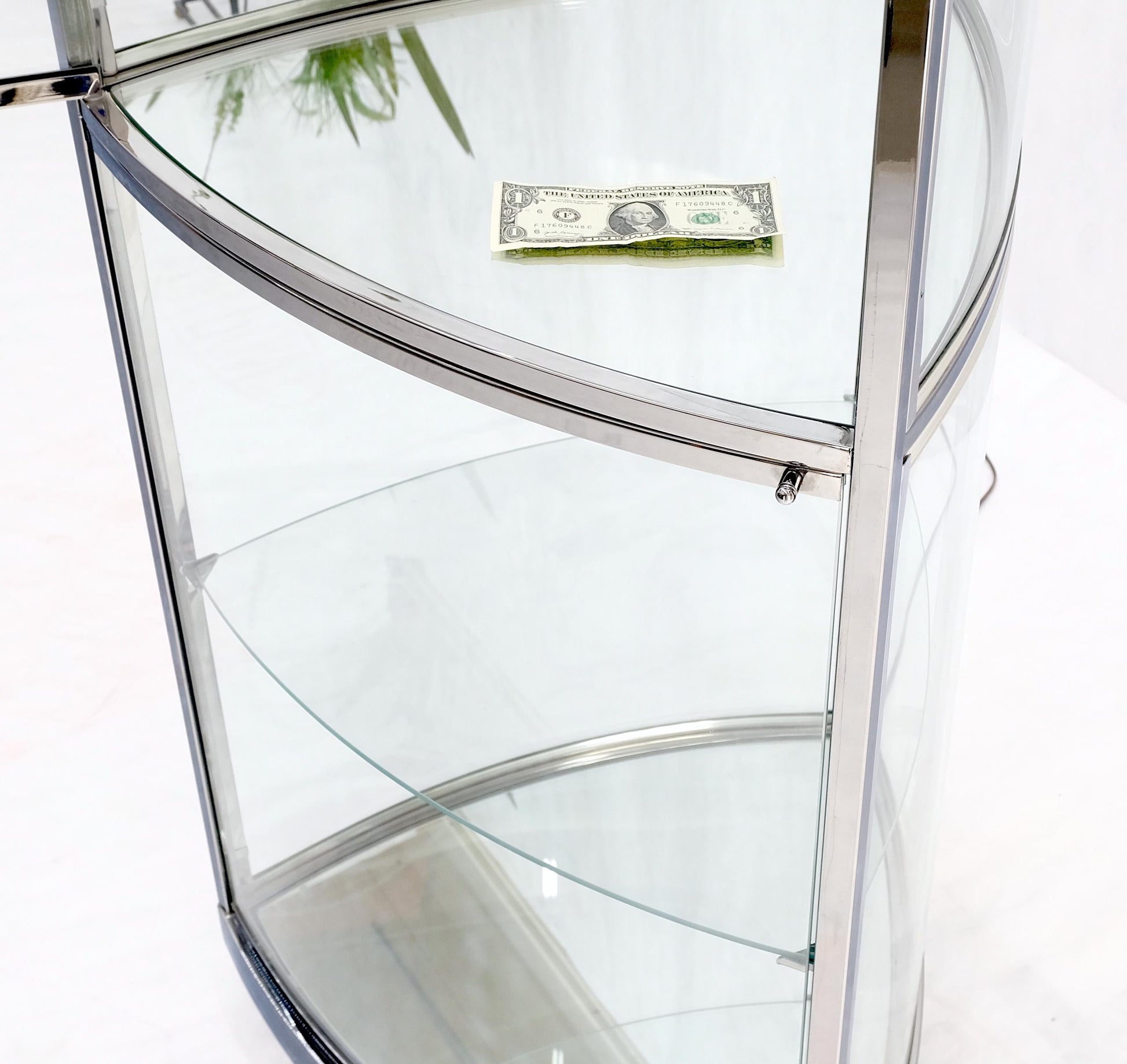 EstablishedLines Rounded Triangle Shape Bowed Glass & Chrome Shelves Display Case Vitrine MINT!