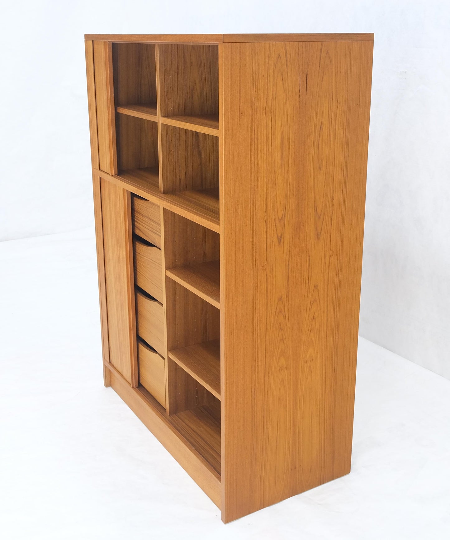 Danish Mid Century Modern Tambour Doors Multi Compartment 4 Drawer Shelves Chest