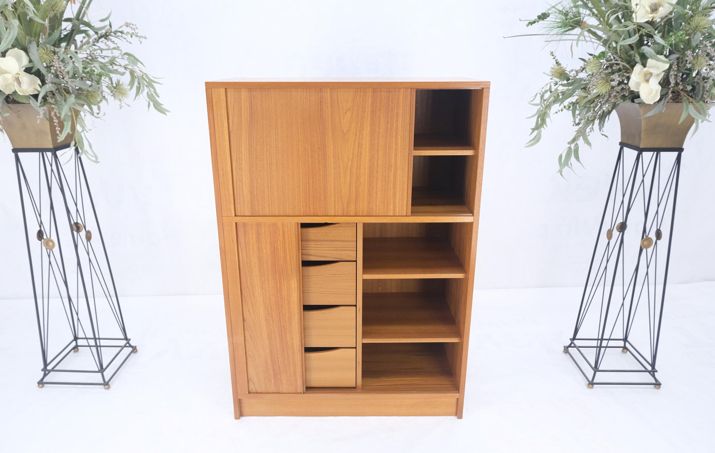 Danish Mid Century Modern Tambour Doors Multi Compartment 4 Drawer Shelves Chest