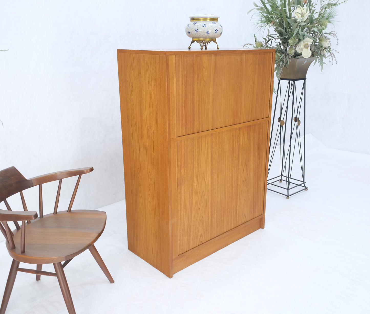 Danish Mid Century Modern Tambour Doors Multi Compartment 4 Drawer Shelves Chest
