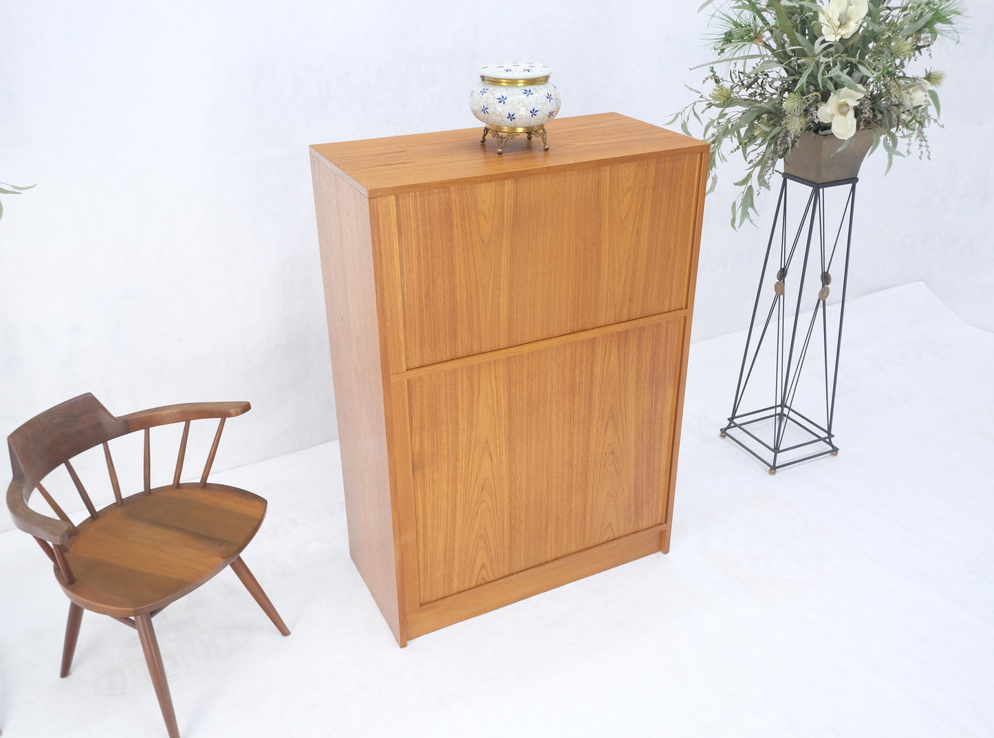 Danish Mid Century Modern Tambour Doors Multi Compartment 4 Drawer Shelves Chest