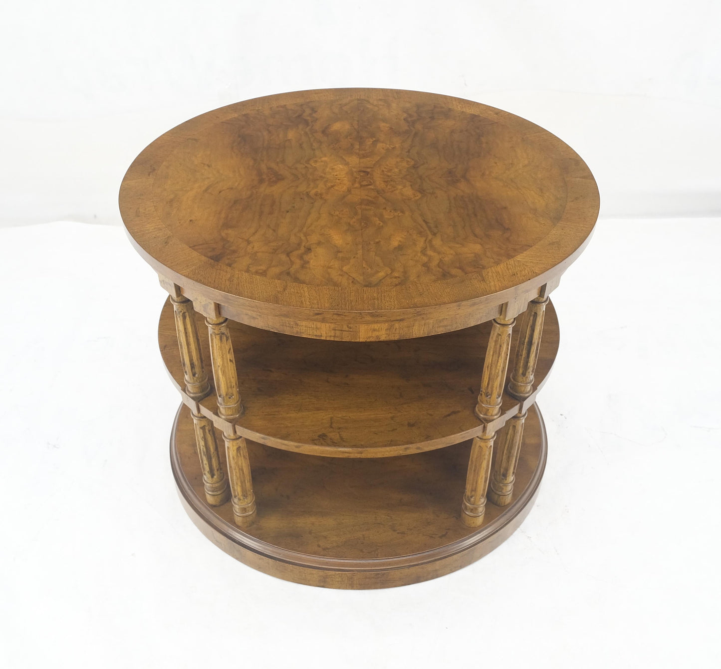 EstablishedLines Henredon Oval Burl Walnut 3 Tier Sied End Lamp Table Stand Magazine Shelf MINT
