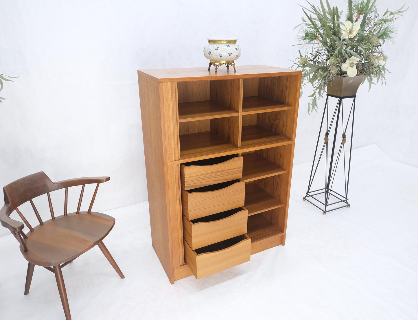 Danish Mid Century Modern Tambour Doors Multi Compartment 4 Drawer Shelves Chest