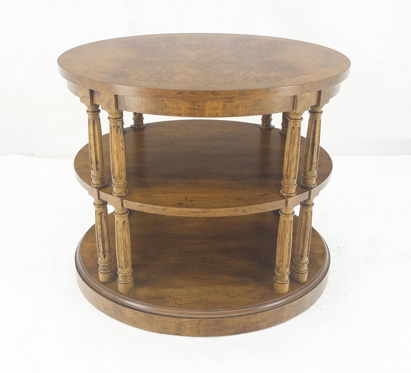 EstablishedLines Henredon Oval Burl Walnut 3 Tier Sied End Lamp Table Stand Magazine Shelf MINT