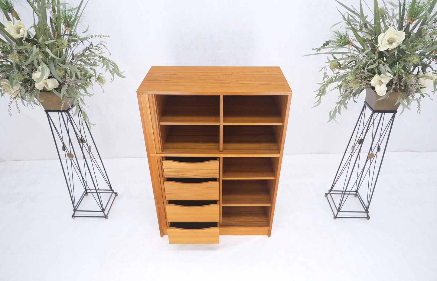 Danish Mid Century Modern Tambour Doors Multi Compartment 4 Drawer Shelves Chest