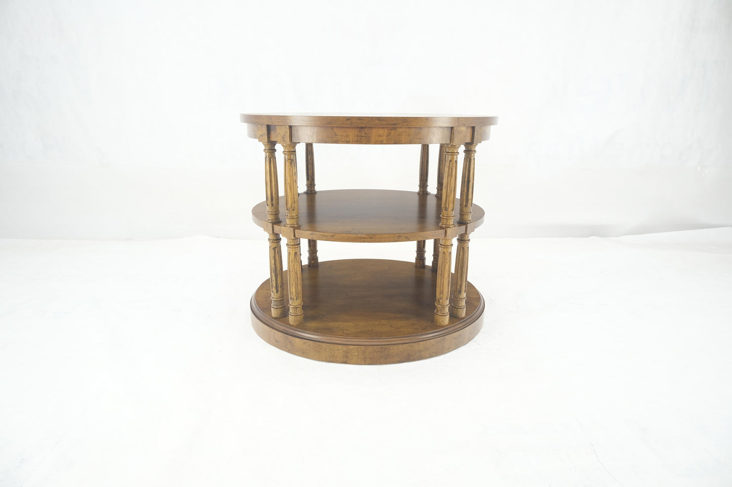 EstablishedLines Henredon Oval Burl Walnut 3 Tier Sied End Lamp Table Stand Magazine Shelf MINT