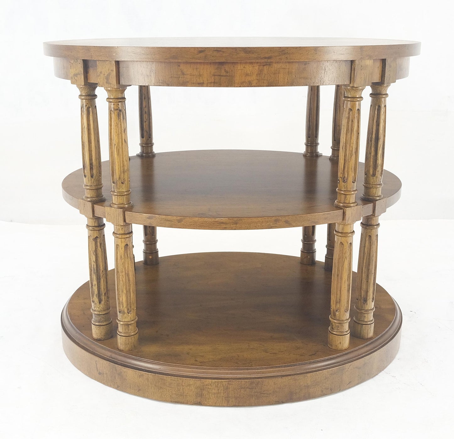 EstablishedLines Henredon Oval Burl Walnut 3 Tier Sied End Lamp Table Stand Magazine Shelf MINT