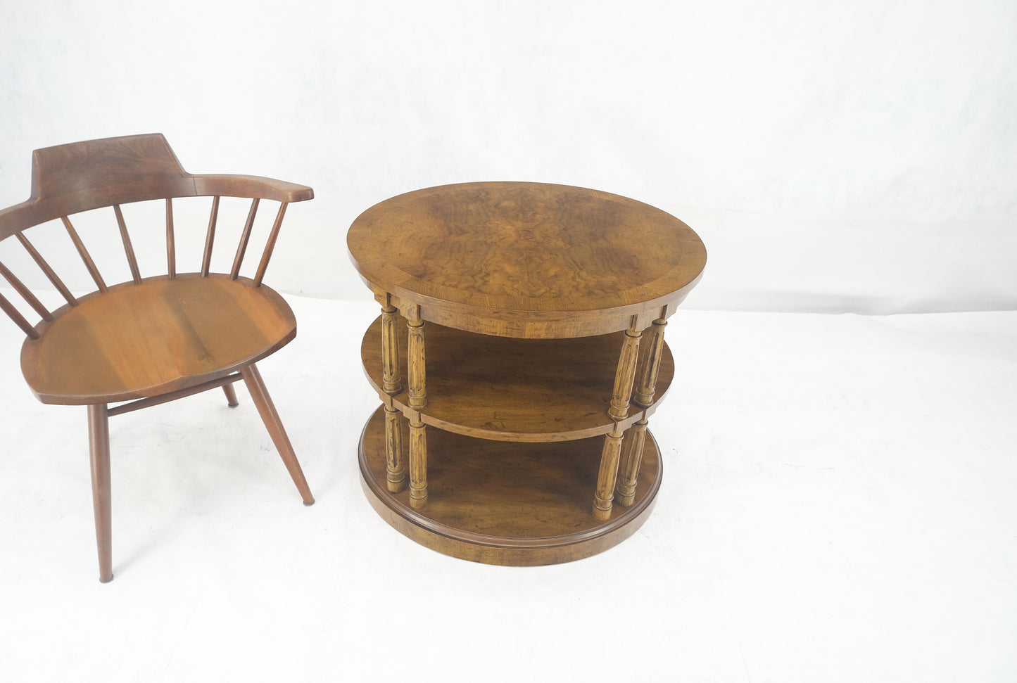 EstablishedLines Henredon Oval Burl Walnut 3 Tier Sied End Lamp Table Stand Magazine Shelf MINT