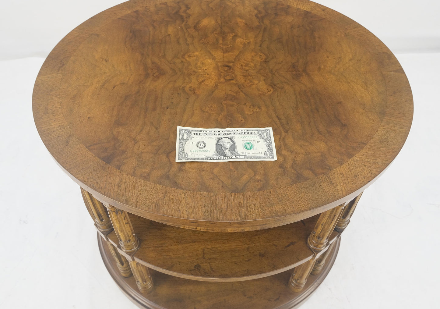 EstablishedLines Henredon Oval Burl Walnut 3 Tier Sied End Lamp Table Stand Magazine Shelf MINT
