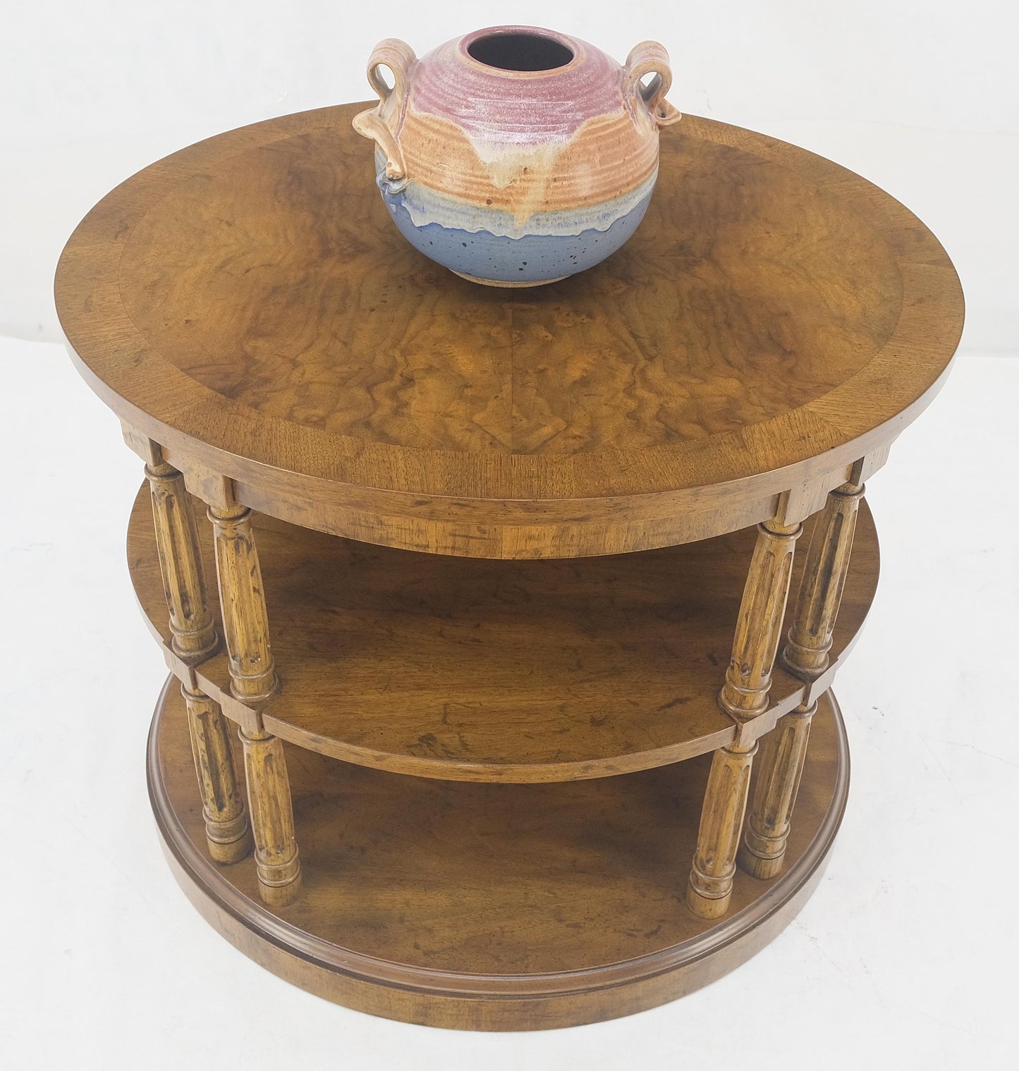 EstablishedLines Henredon Oval Burl Walnut 3 Tier Sied End Lamp Table Stand Magazine Shelf MINT