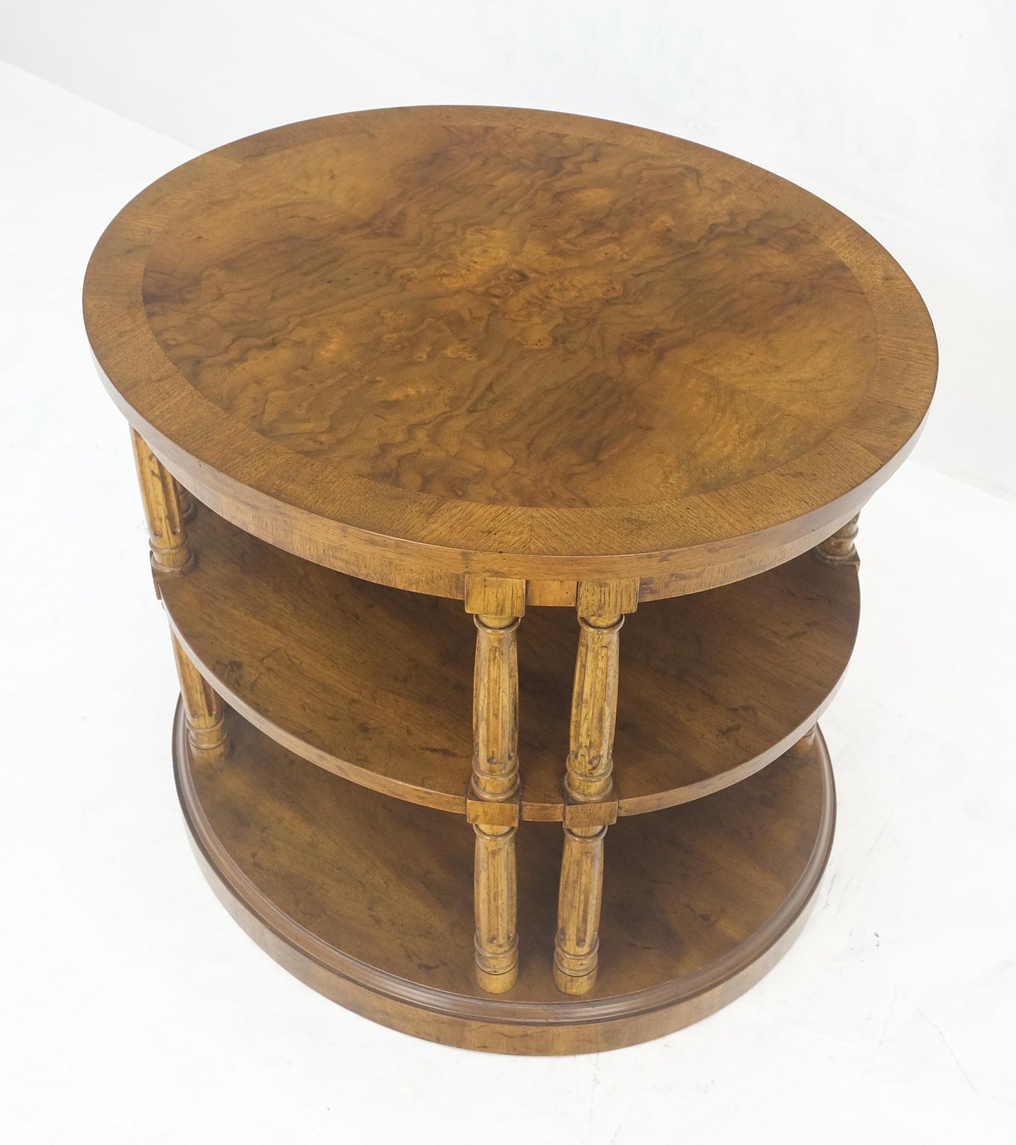 EstablishedLines Henredon Oval Burl Walnut 3 Tier Sied End Lamp Table Stand Magazine Shelf MINT