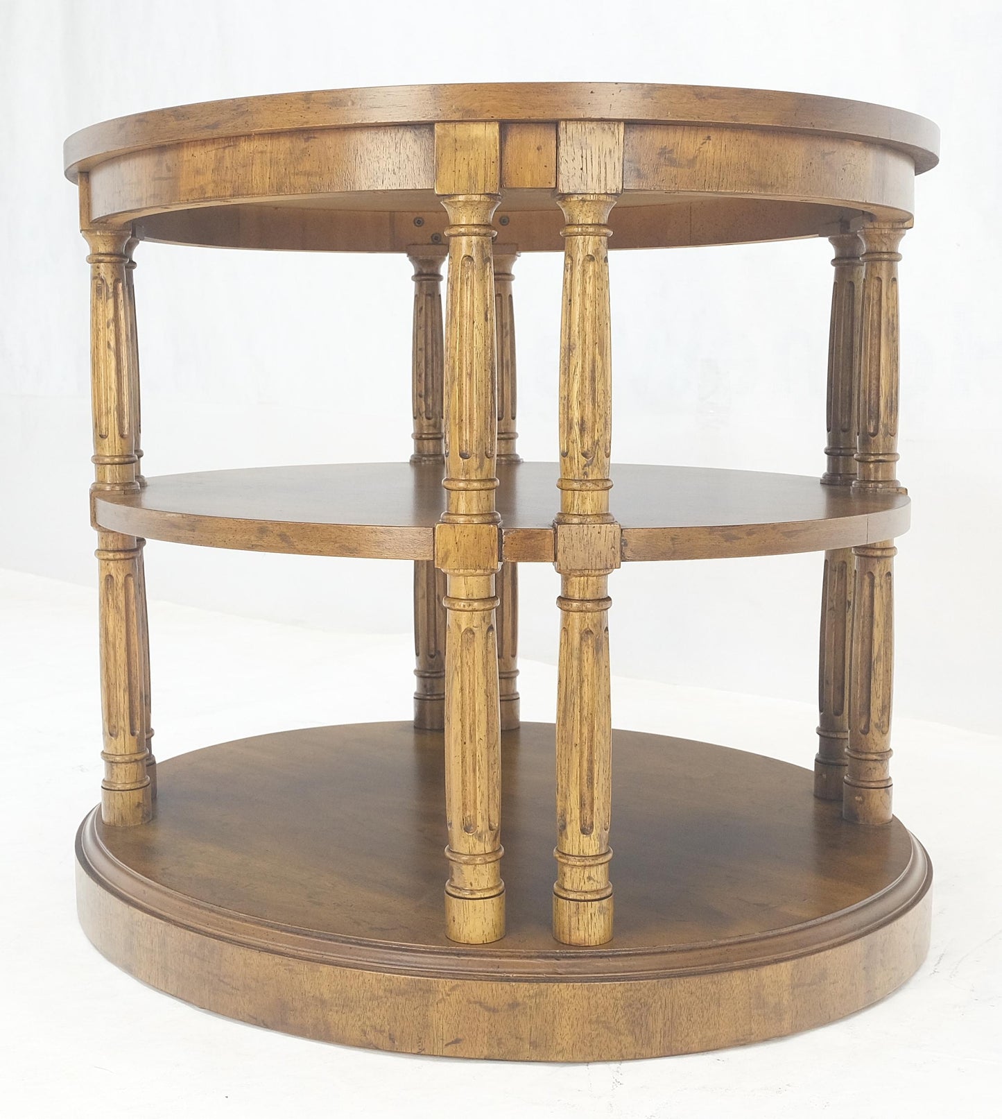 EstablishedLines Henredon Oval Burl Walnut 3 Tier Sied End Lamp Table Stand Magazine Shelf MINT