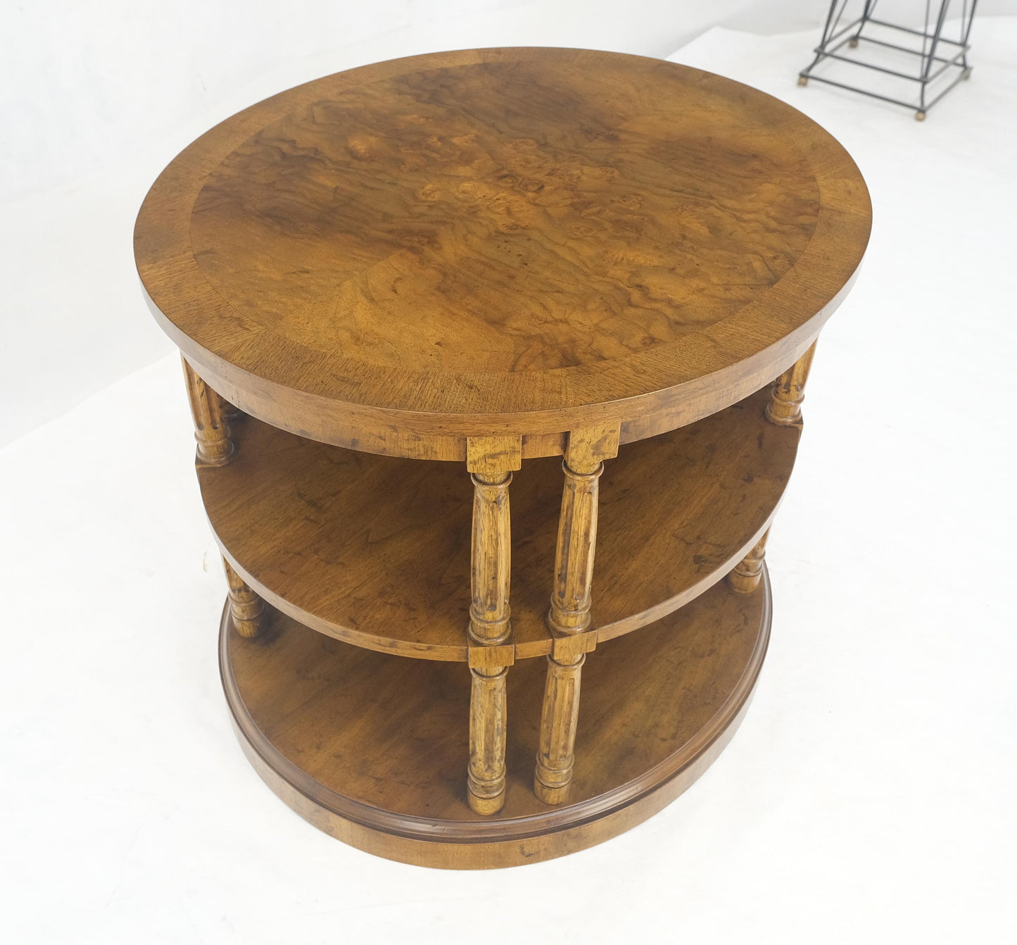 EstablishedLines Henredon Oval Burl Walnut 3 Tier Sied End Lamp Table Stand Magazine Shelf MINT
