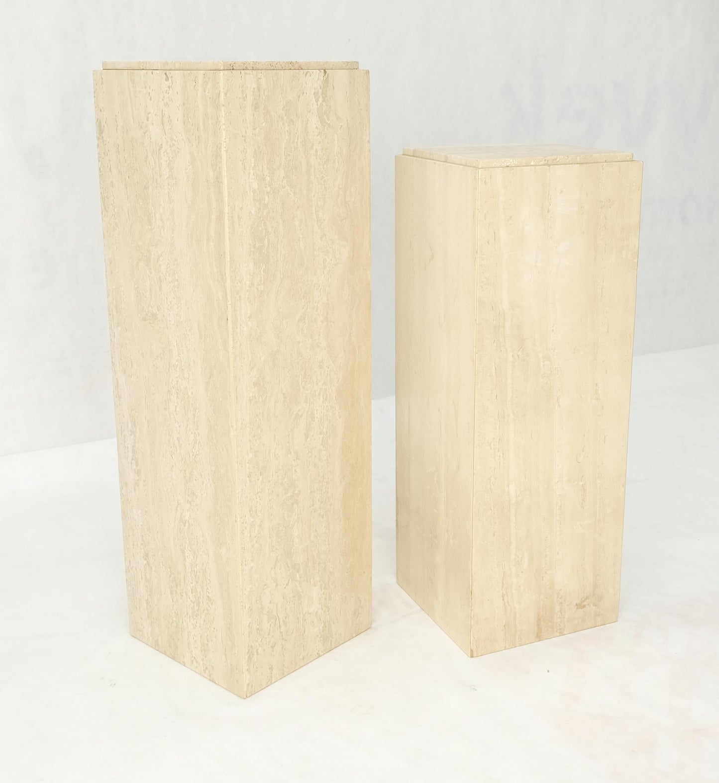 EstablishedLines Pair of 10" Square Italian Mid Century Modern Travertine Pedestals Stands MINT!