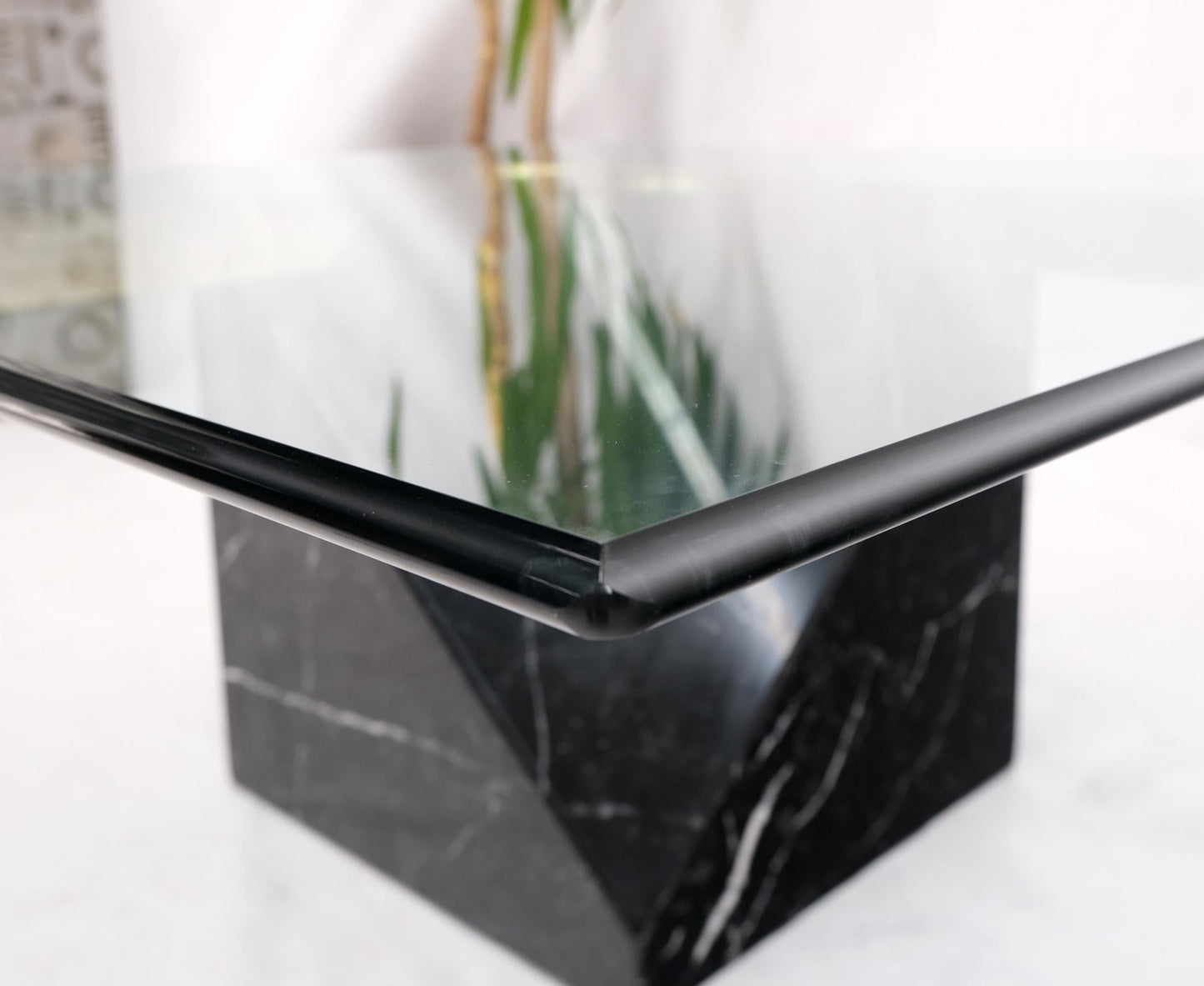 EstablishedLines Black Cube Shape Marble Base Brass Stretchers Square Glass Top Coffee Table
