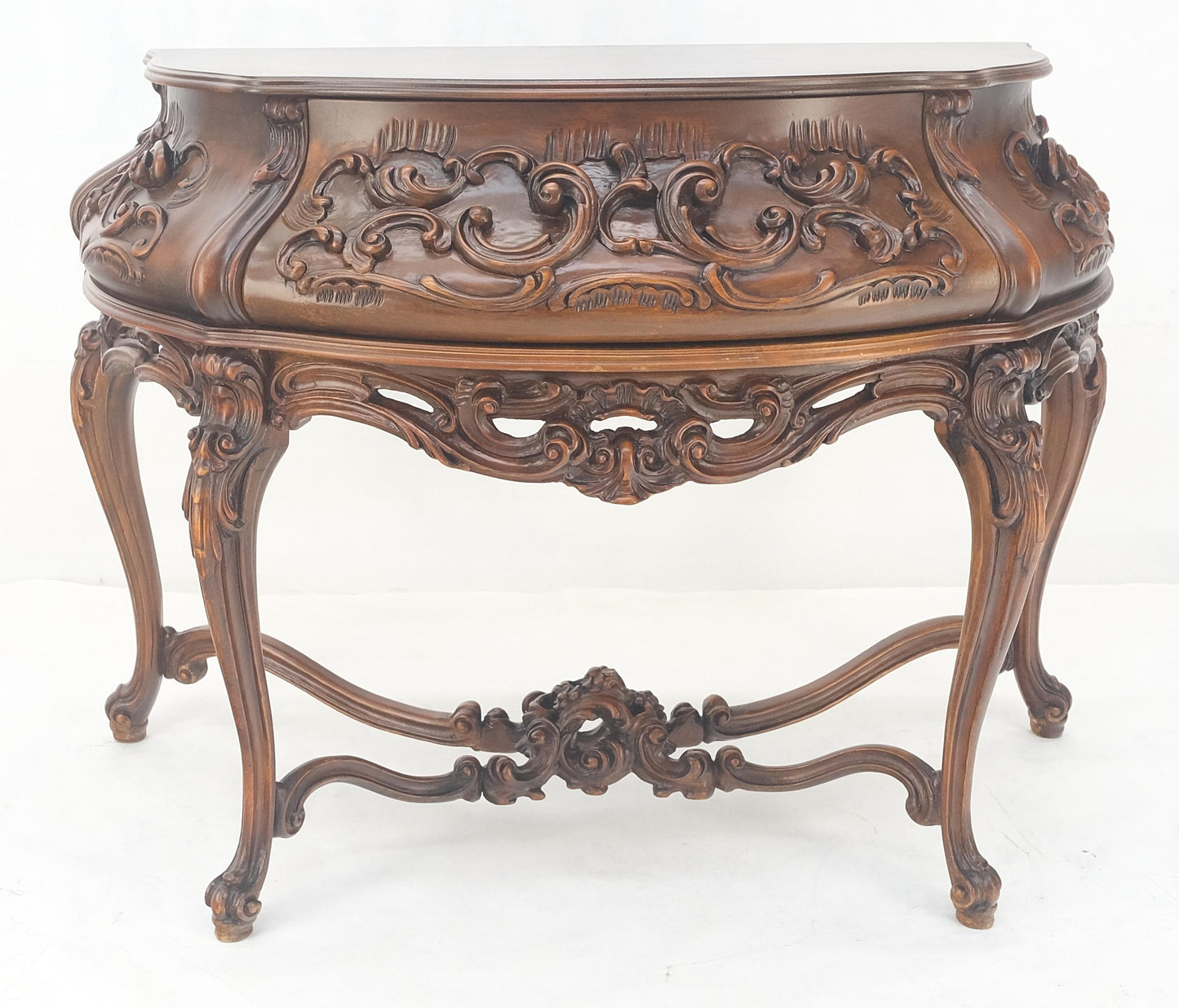 EstablishedLines Heavily Carved Decorative Demi Lune Style Burl Walnut Top Console Table MINT