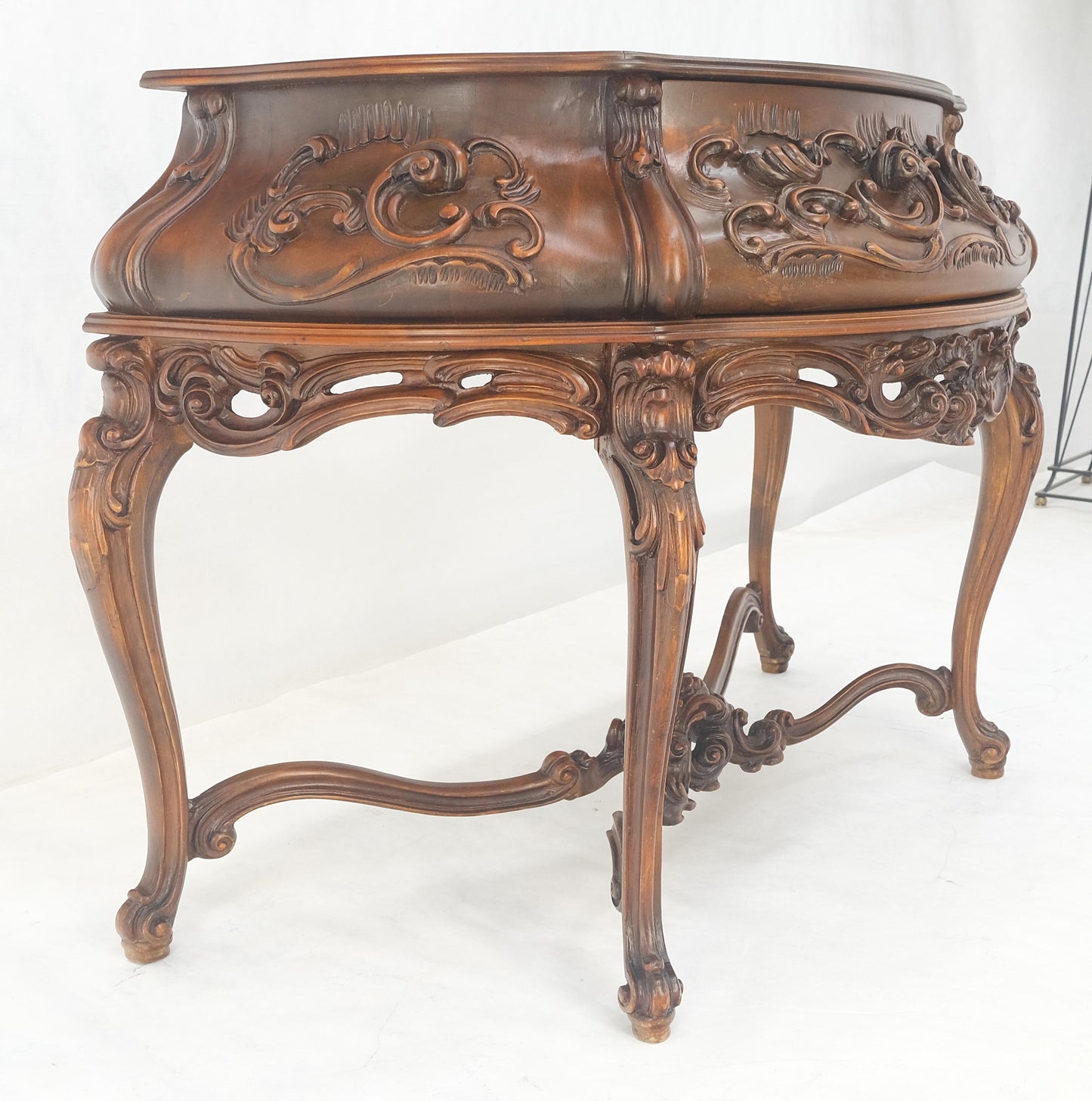 EstablishedLines Heavily Carved Decorative Demi Lune Style Burl Walnut Top Console Table MINT
