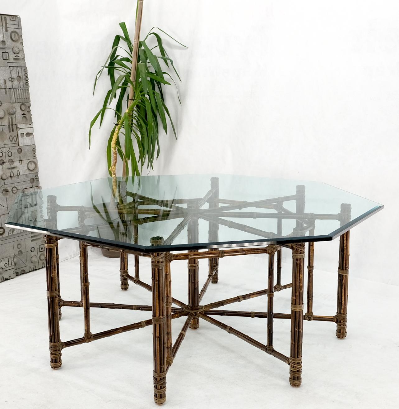 EstablishedLines Very Large Octagonal Glass Top Leather Strapped Bamboo McGuire Dining Table