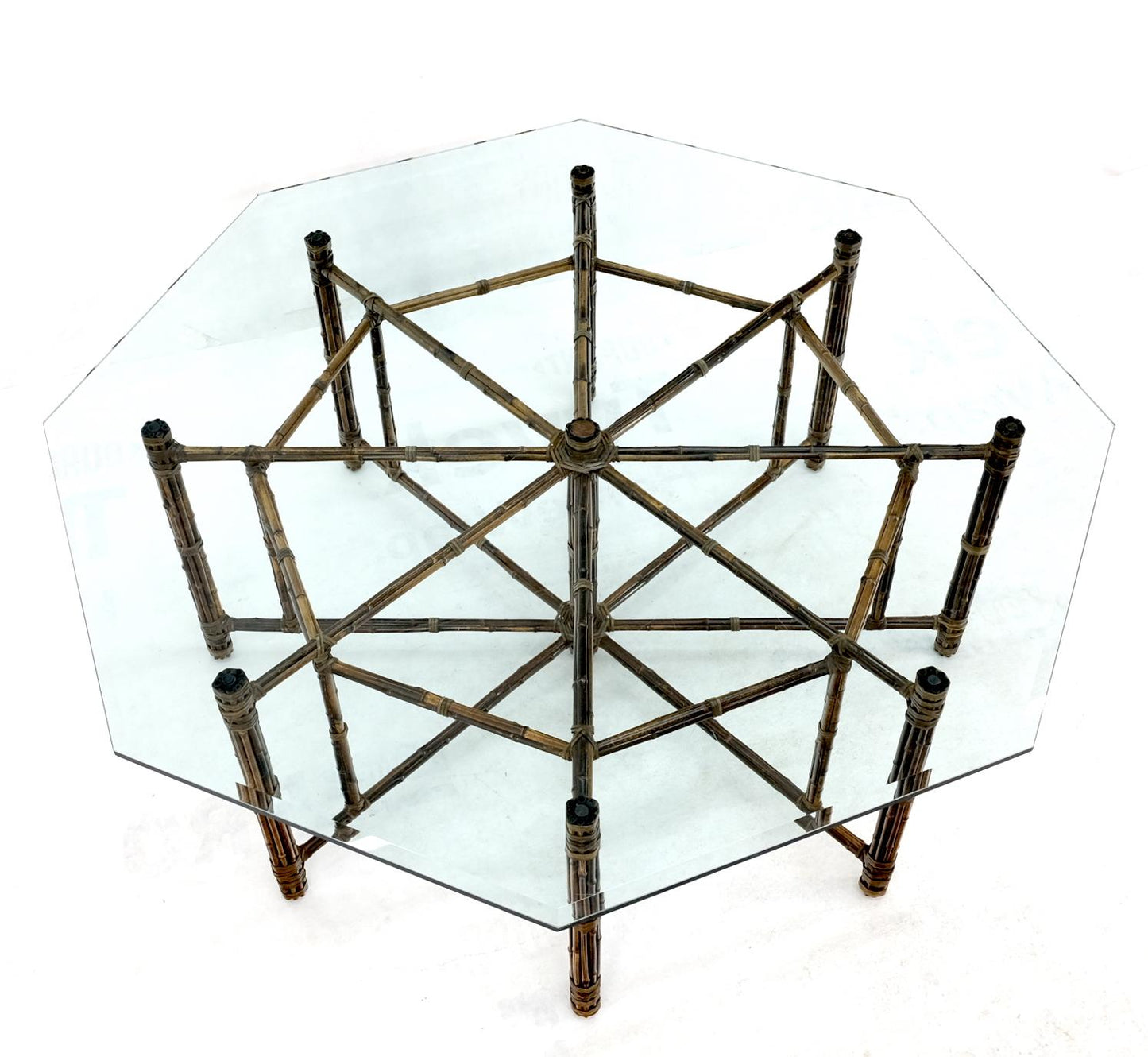 EstablishedLines Very Large Octagonal Glass Top Leather Strapped Bamboo McGuire Dining Table