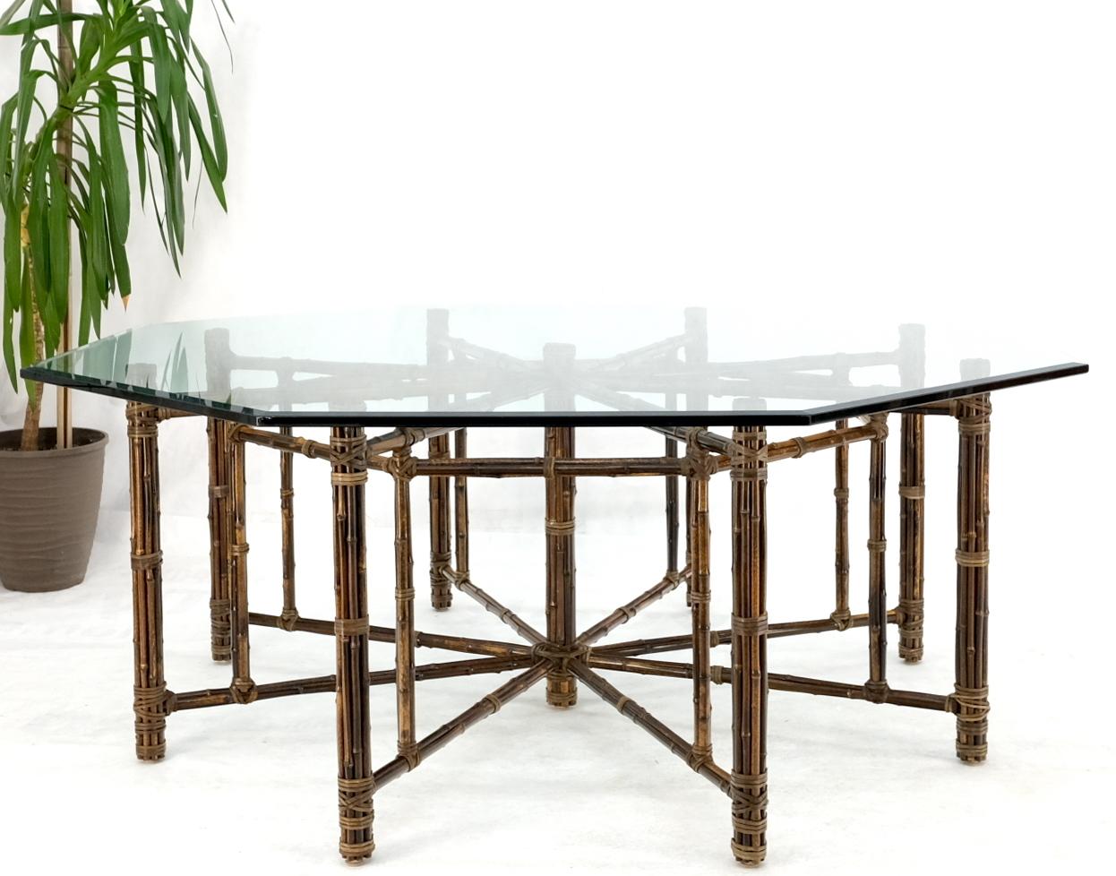 EstablishedLines Very Large Octagonal Glass Top Leather Strapped Bamboo McGuire Dining Table