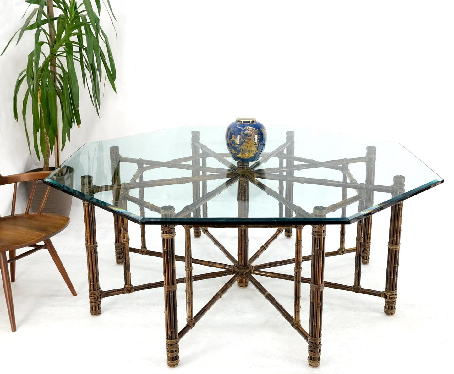 EstablishedLines Very Large Octagonal Glass Top Leather Strapped Bamboo McGuire Dining Table