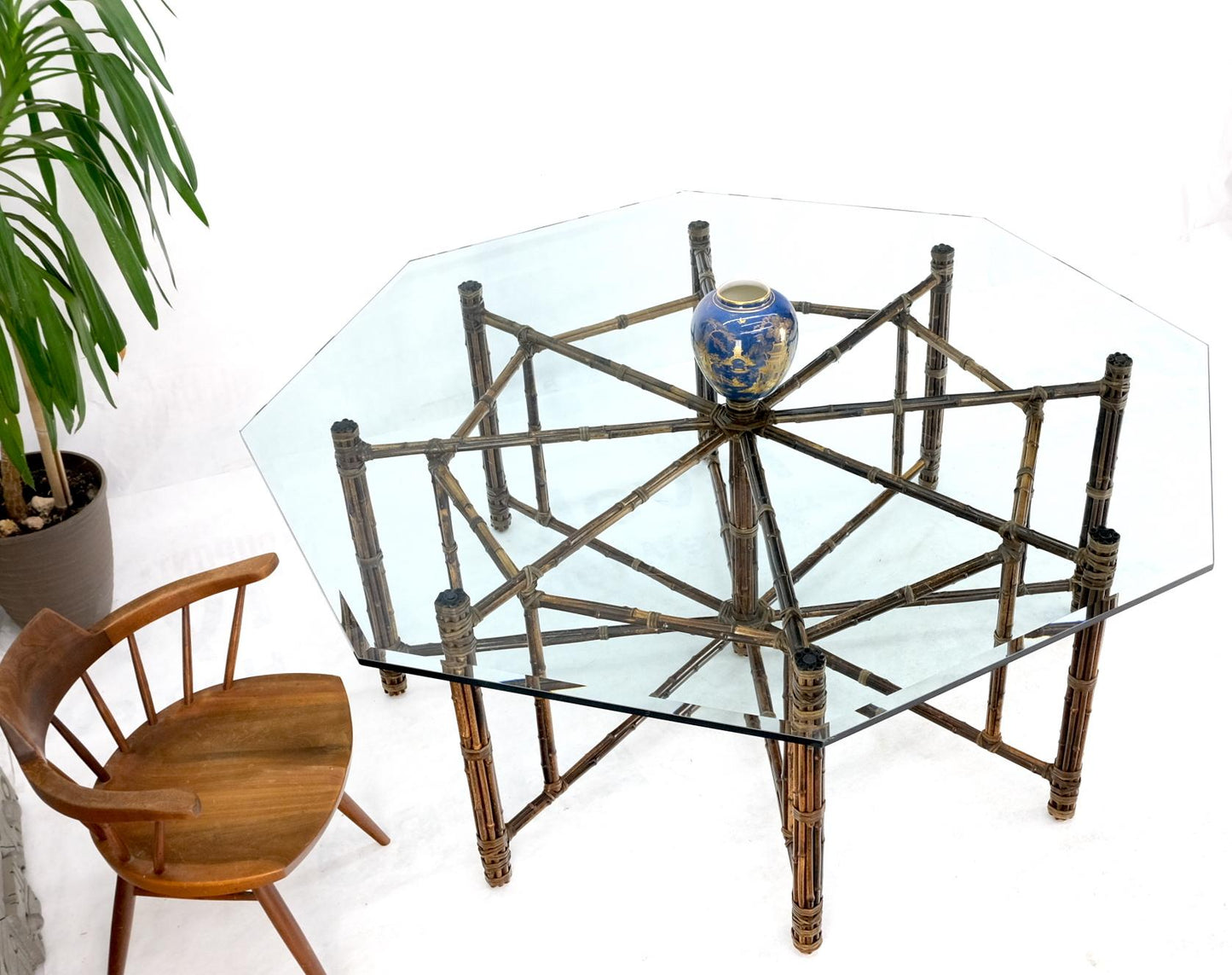 EstablishedLines Very Large Octagonal Glass Top Leather Strapped Bamboo McGuire Dining Table