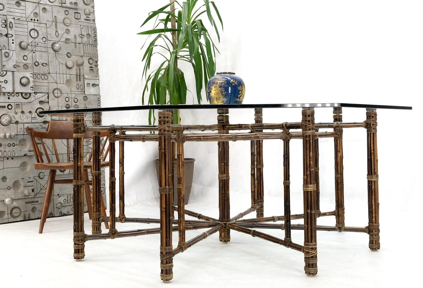 EstablishedLines Very Large Octagonal Glass Top Leather Strapped Bamboo McGuire Dining Table