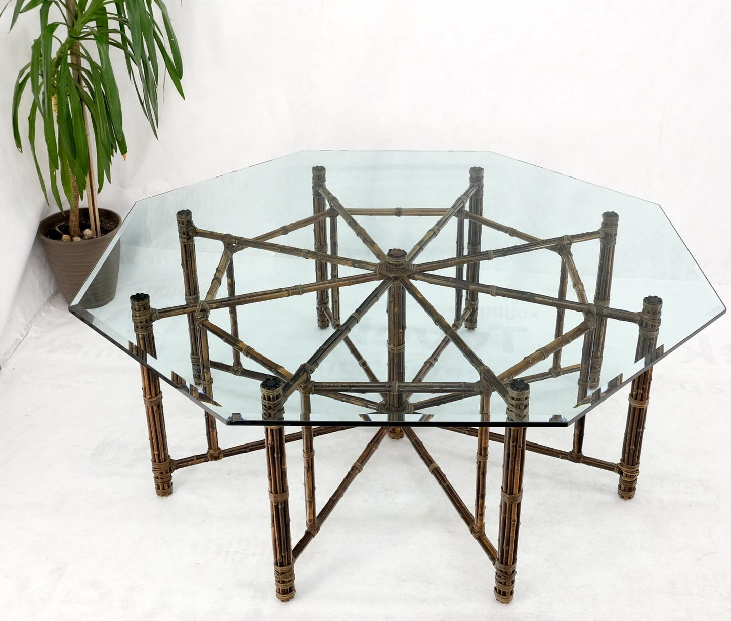 EstablishedLines Very Large Octagonal Glass Top Leather Strapped Bamboo McGuire Dining Table