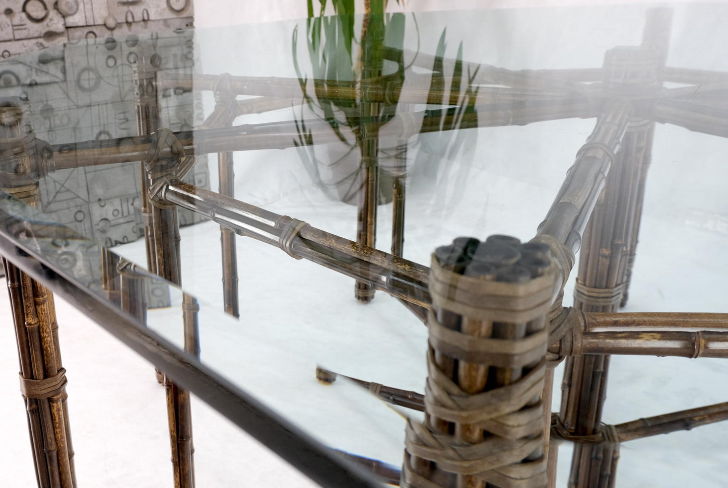 EstablishedLines Very Large Octagonal Glass Top Leather Strapped Bamboo McGuire Dining Table