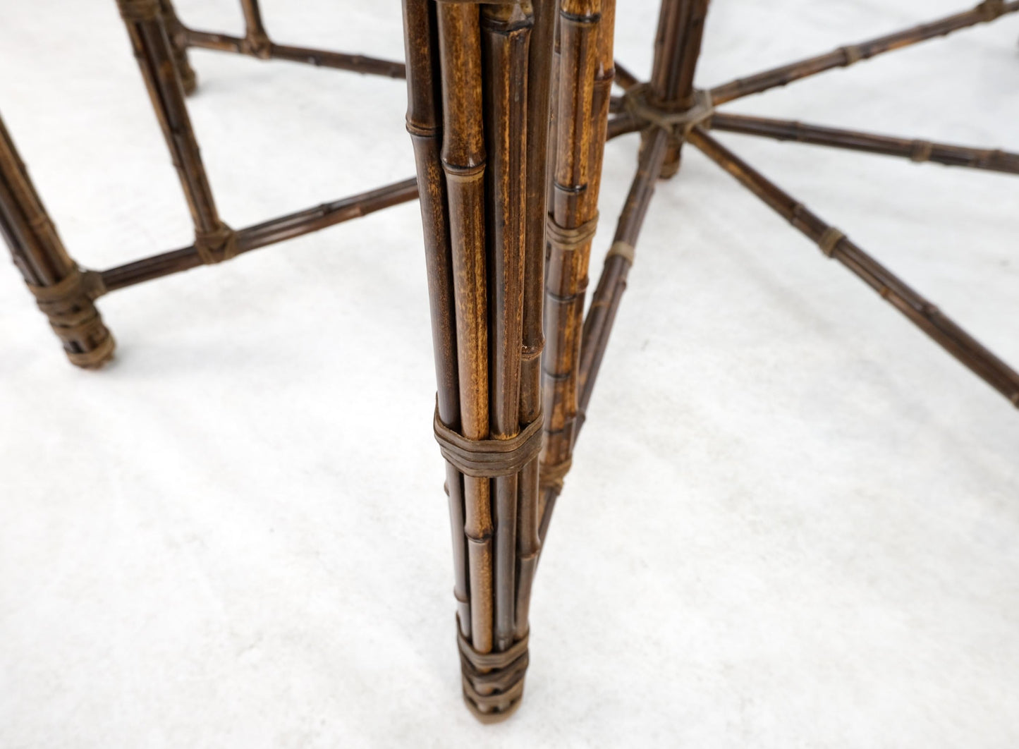 EstablishedLines Very Large Octagonal Glass Top Leather Strapped Bamboo McGuire Dining Table