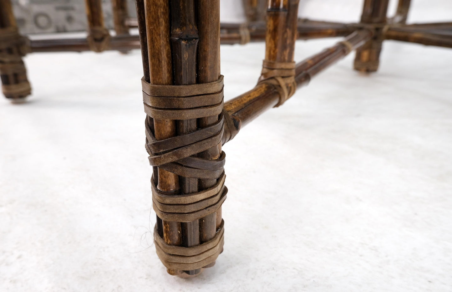EstablishedLines Very Large Octagonal Glass Top Leather Strapped Bamboo McGuire Dining Table