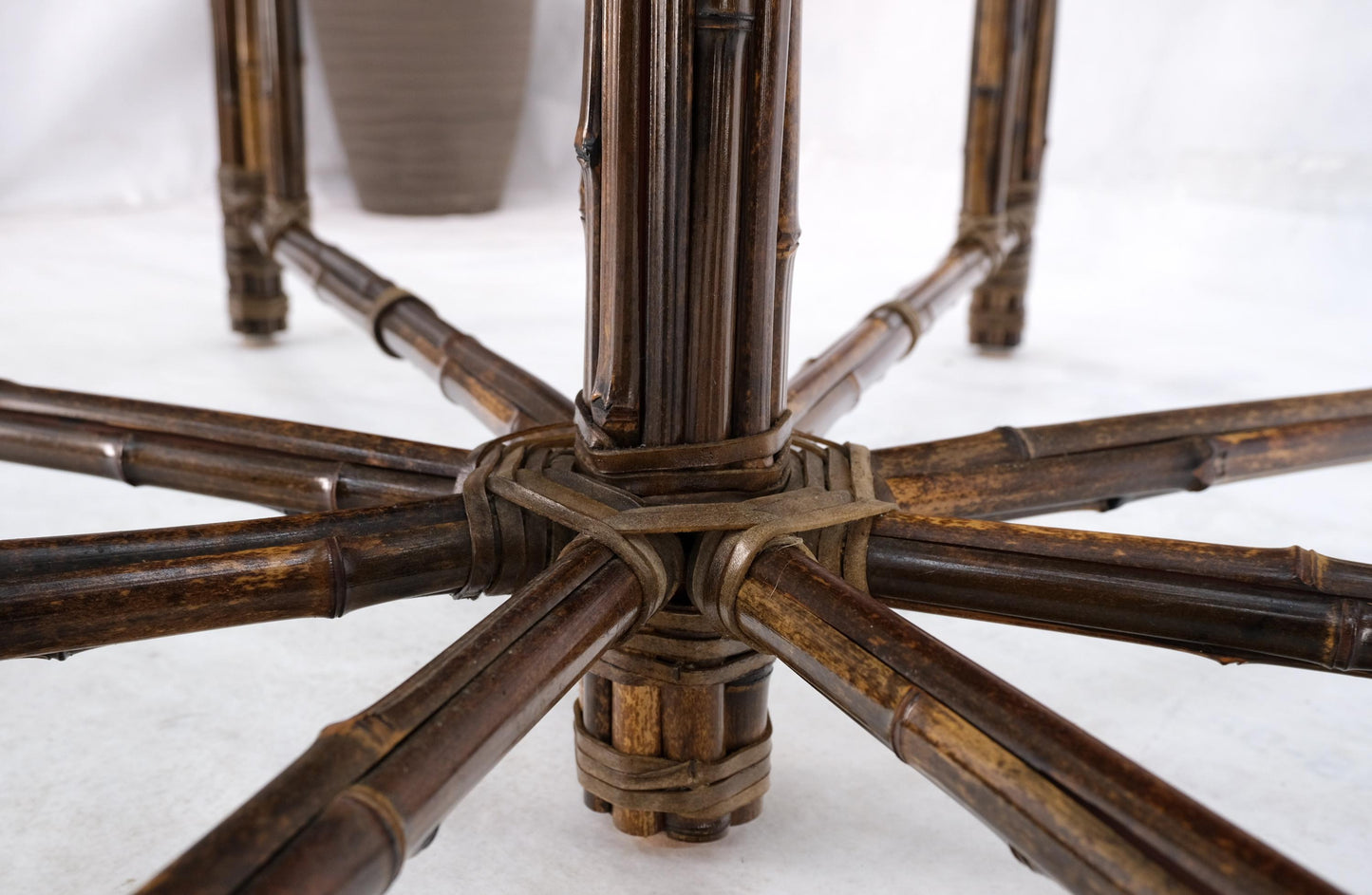 EstablishedLines Very Large Octagonal Glass Top Leather Strapped Bamboo McGuire Dining Table