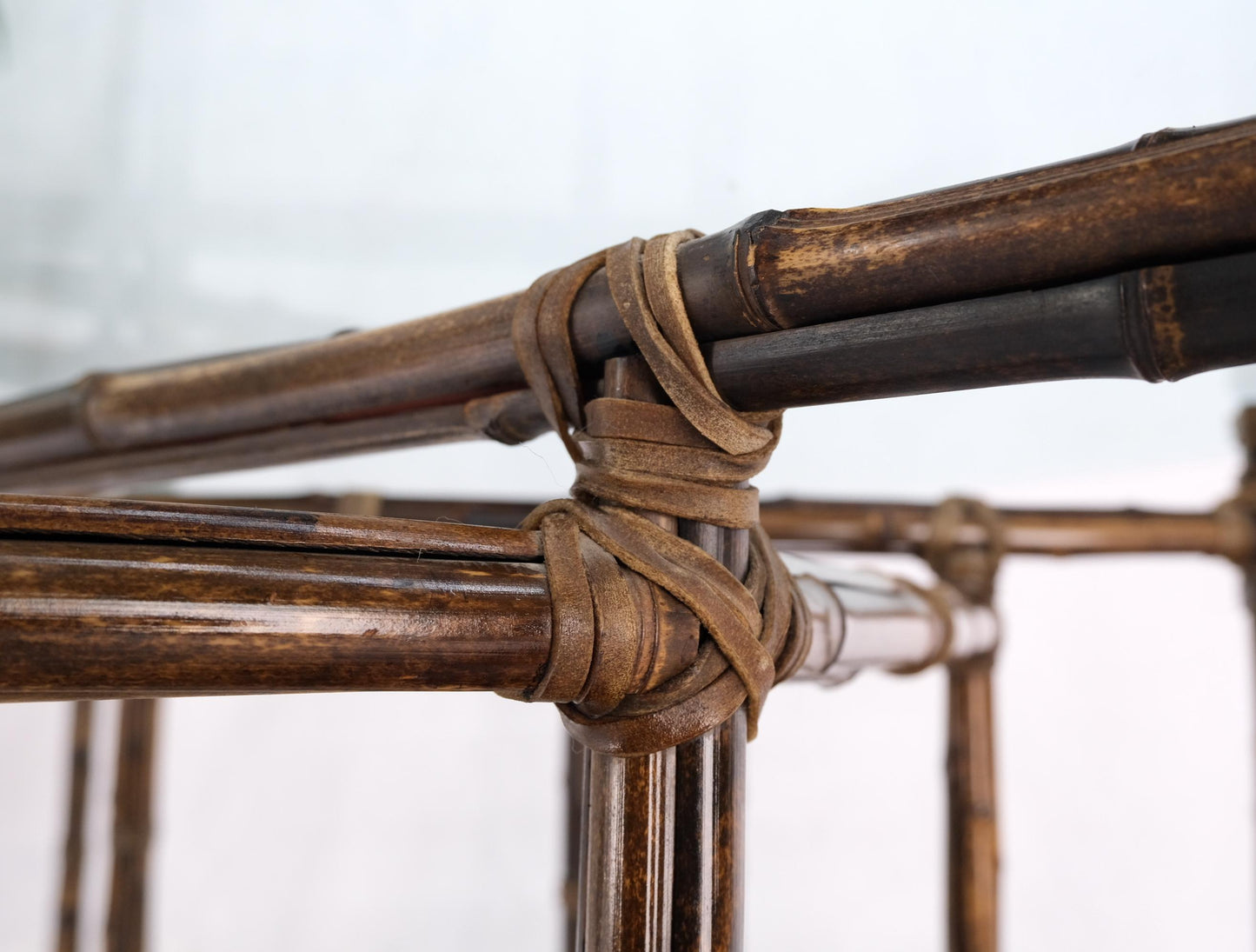 EstablishedLines Very Large Octagonal Glass Top Leather Strapped Bamboo McGuire Dining Table