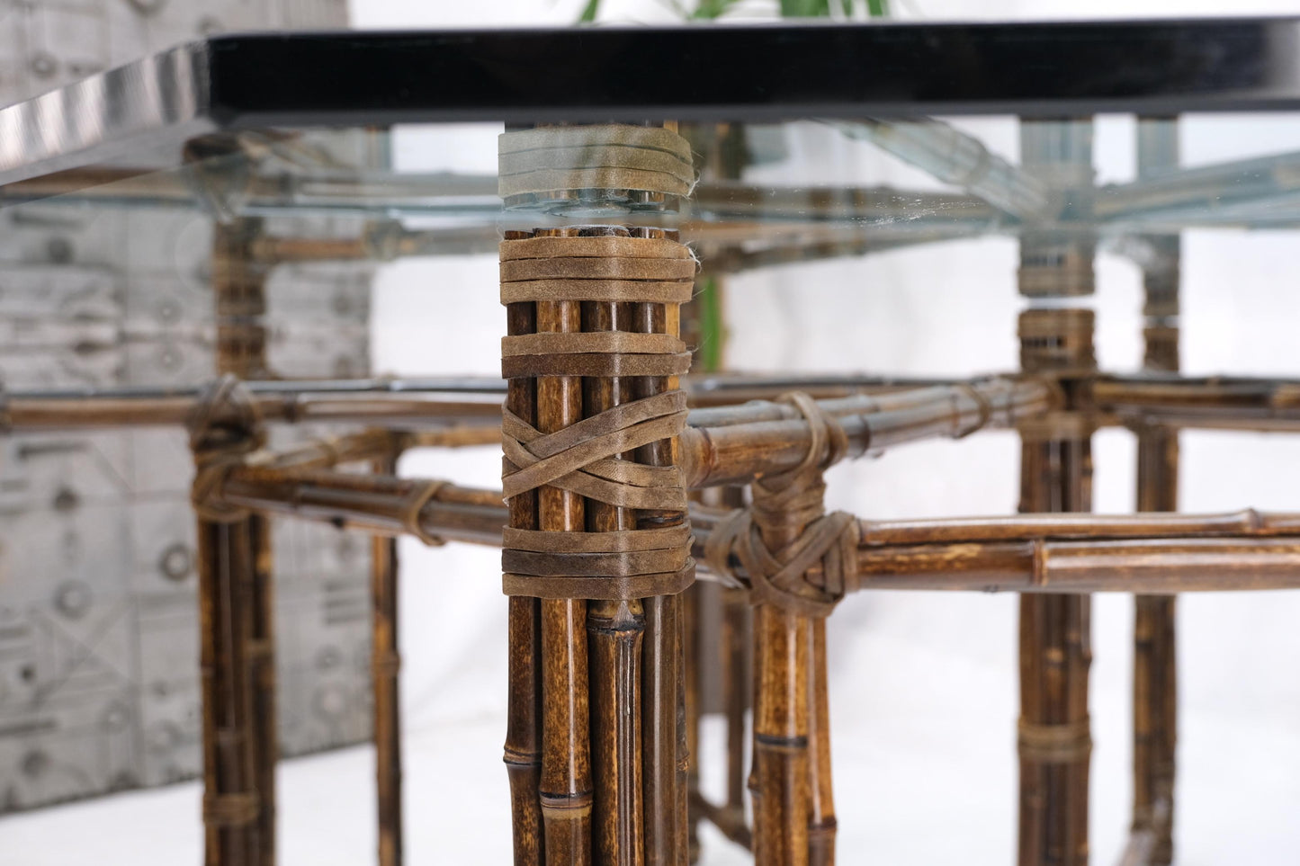 EstablishedLines Very Large Octagonal Glass Top Leather Strapped Bamboo McGuire Dining Table