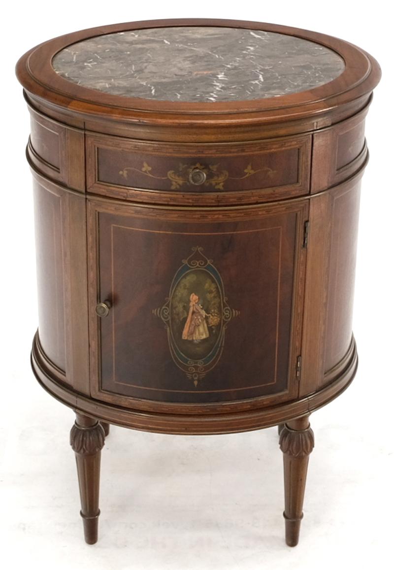 EstablishedLines Marble Top Oval One Door Compartment Drawer Adams Style Painted Stand Table