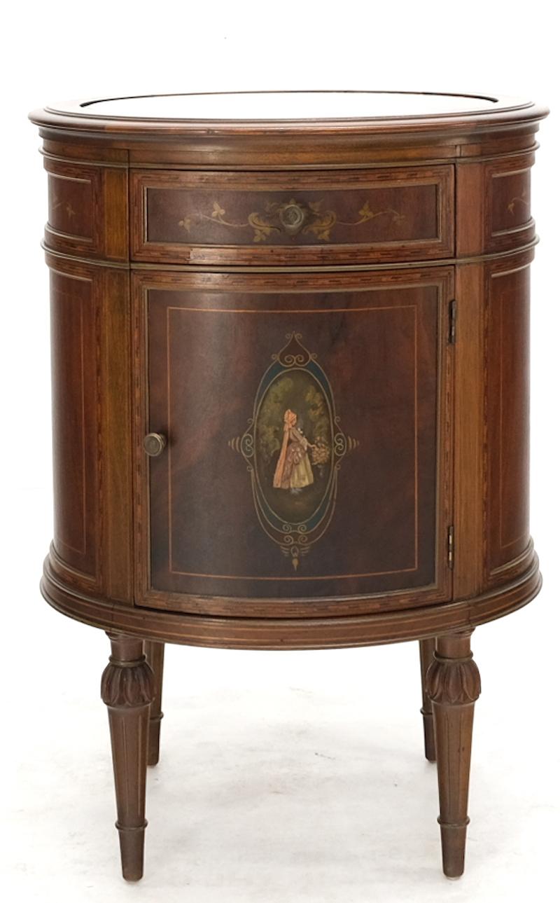 EstablishedLines Marble Top Oval One Door Compartment Drawer Adams Style Painted Stand Table
